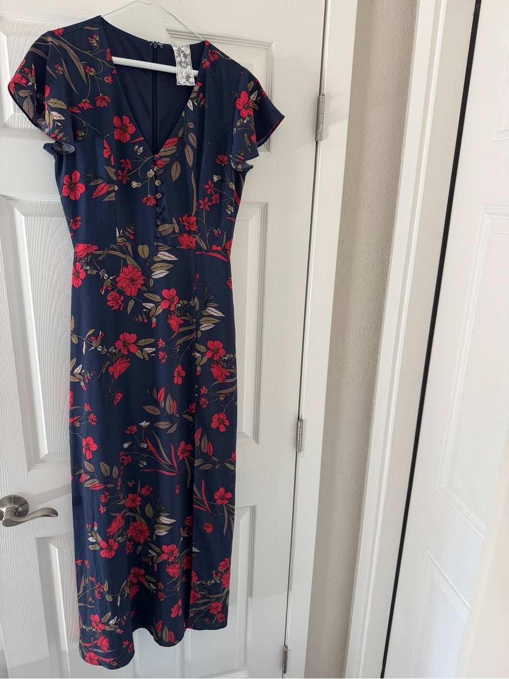 Sadie & Sage Navy Midi Dress with Red Floral Print